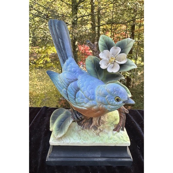 Vintage Wales Japan Blue Bird Ceramic In Nest Flower Figurine Floral -S68 - Picture 1 of 10